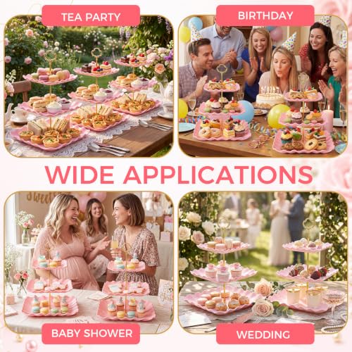 6 Pack of Plastic Square Dessert Cupcake Stand, 3 Tier Pink Cup Cake Holder Display Tower Dessert Tiered Serving Trays for Wedding Birthday Baby Shower Tea Party Decorations