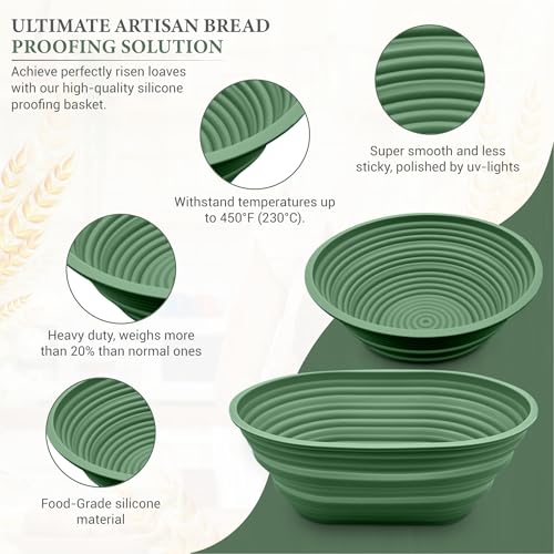 Premium Silicone Sourdough Banneton Bread Proofing Basket - Includes Oval & Round Foldable proofing Bowls (9.5 Inch) - Oven & Dishwasher Safe, Gifts for Artisan Bakers - Sage Green - color: Green