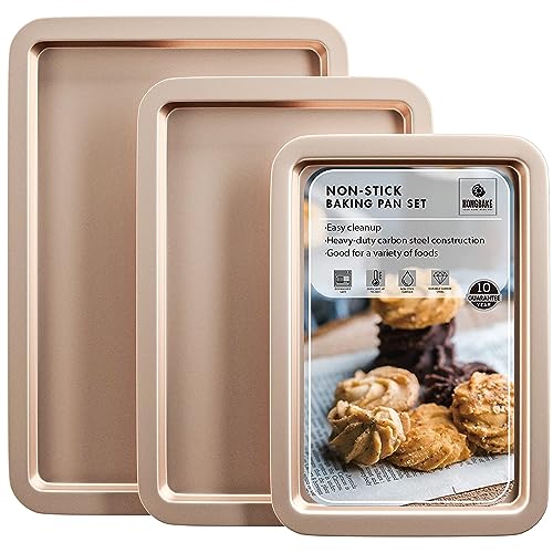 HONGBAKE Cookie Sheets, Baking Sheet Set, Nonstick Oven Pan with Wider Grips, 3 Pack Half/Jelly Roll/Quarter Baking Tray, Premium & Dishwasher Safe - color: Champagne Gold