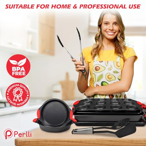 Non-Stick 17-Piece Baking Pan Set, BPA-Free Carbon Steel Bakeware Set with Silicone Handles, Stackable Kitchen Oven Set, Cookie Sheet, Baking Tray, Baking Sheet Set, Utensils, Oven Safe (446°F) - size: 17 Piece