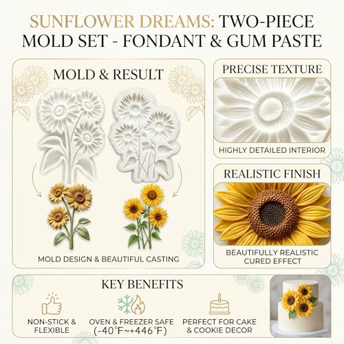 2 Pcs Sunflower Silicone Fondant Molds for Cupcake Toppers, Candy - color: Sunflower silicone mold