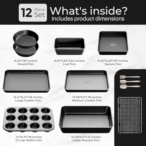 12-Piece Nonstick Bakeware Set, Stackable Non Toxic Baking Pans Set - Black - size: 12PCS