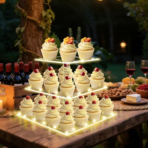 Square Cupcake Stand with Yellow Lights, 3 Tier Dessert Display Stands - color: Yellow Light, size: 3 Tier Square