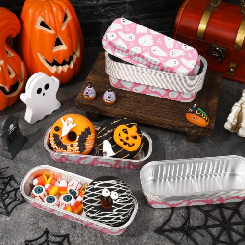 FYSUIMU 100 Pcs Halloween Mini Loaf Pans with Lids and Forks Pink Ghost Mini Cake Pans 6.8 Oz Rectangular Aluminum Foil Baking Container Muffin Cupcake Cups for Trick or Treat Party Picnic Supplies - color: Pink Ghost