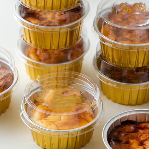 150 Pack Disposable Ramekins with Clear Lid, Golden Mini Cupcake Tins
