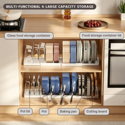 Magheo 1 Pack Expandable Food Storage Container Lid Organizers, 31.3" Pots and Pans Organizer Under Cabinet with 12 Adjustable Dividers Pot and Pan Lid Holders Rack Inside Cabinet(White) - color: White, size: (1 Pack)31.3"D x 7.9"W x 5.9"H