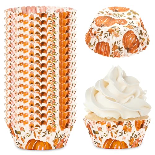 Whaline 300Pcs Fall Cupcake Liners Watercolor Pumpkin Flower Paper Baking Cups Autumn Floral Muffin Liner Cake Paper Cups Storage Container for Thanksgiving Party DIY Craft, 2x1.2 Inch - style: Pumpkin Flower