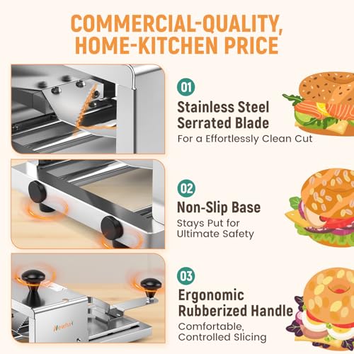 Newhai Commercial Bagel Slicer, Stainless Steel, for Even Bagels & Buns