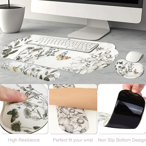 MEGREZ Large Mouse Pad&Wrist Rest Support for Mouse&Keyboard Wrist Rest, Ergonomic Memory Foam Wrist Rest, 3-in-1 Non-Slip Base Cloud Shape Desk Pad Mat for Home/Office, Butterfly and Flower