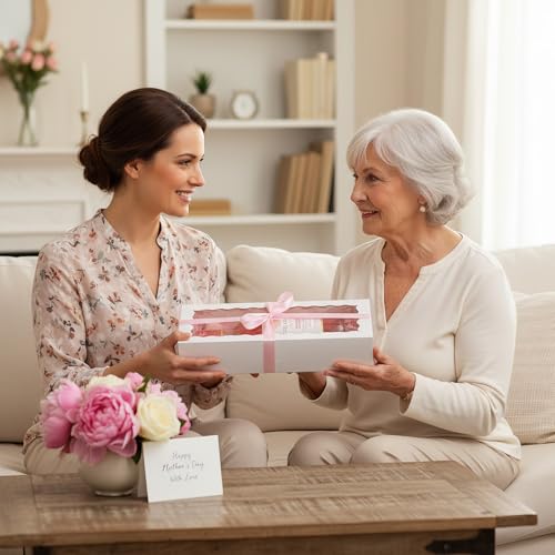 Tcoivs 30-Pack Bakery Boxes with Window 16" x 6.5" x 3", Cookie Boxes, Auto-Popup Long Treat Boxes for Cookies, Strawberries (White)
