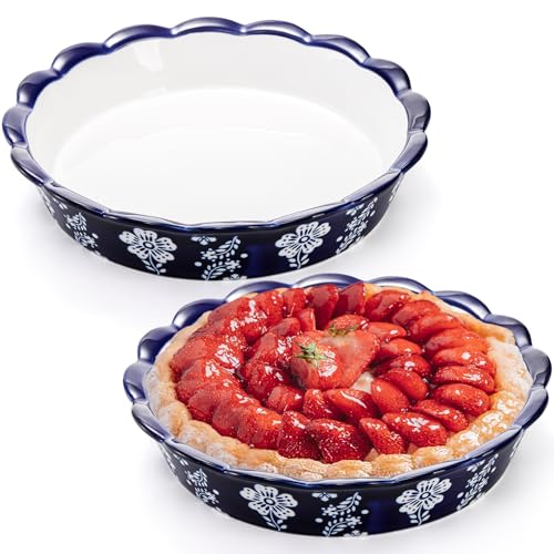 Tosnail 2 Pack 9.5" Ceramic Pie Pan, Deep Pie Dish, Fancy Pie Plates, Nonstick Large Quiche Pan Round Baking Dish for Fruit Tarts, Apple Pies, Cakes, Quiches