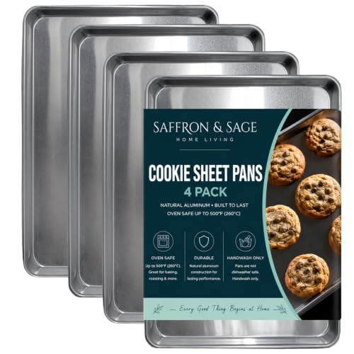 Commerical Quality Cookie Sheet Pan - 4 Pack Aluminum Half Sheet Baking Pan by Saffron & Sage Home Living - This 18x13 Rimmed Baking Sheet Set is Rust & Warp Resistant, Heavy Duty, of Thick Gauge - size: 4 Pack Cookie Sheet