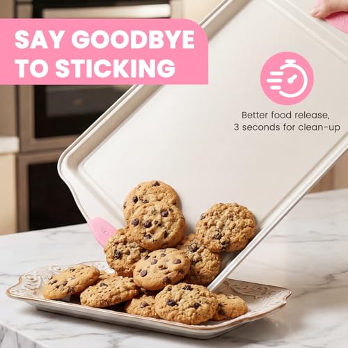 Kikcoin 22 PCS Nonstick Baking Pans Set, Stackable Bakeware Sets with Silicone Handles, 450°F Oven Safe Baking Sheet Set, Easy Release Cookie Sheets for Baking, Pink - color: Pink
