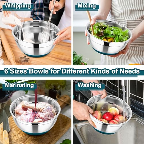 TeamFar Mixing Bowls, Stainless Steel Salad Bowl with Lid & Graters -Blue - color: Blue