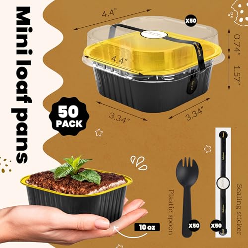NPLUX 50 Pcs Mini Square Baking Cups with Lids and Spoons Aluminum Foil Mini Cake Pans with Lids Disposable Ramekins Cake Pans Dessert Cups for Wedding Birthday Party(Black Gold,10oz) (Pack of 2) - color: Black, size: 10 OZ (Pack of 2)