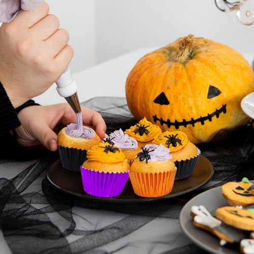 Whaline 150Pcs Halloween Foil Cupcake Liners Black Purple Orange Foil Metallic Cupcake Wrappers Muffin Liners for Halloween Party Supplies Table Decor - color: Black Purple Orange