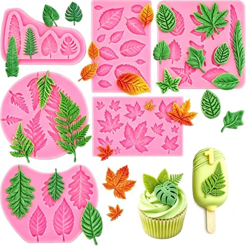 Fall Leaf Fondant Molds, 6 Pcs Maple Fern Palm Tropical Autumn Leaves Mold - color: 6 Pcs Leaves Fondant Mold, Pink