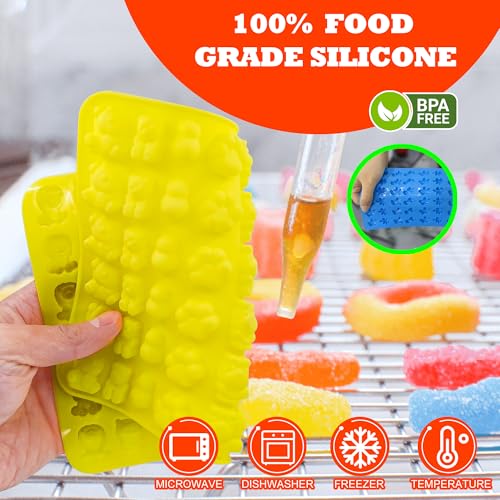 112PCS Mega Silicone Gummy Candy Molds Kit with 4 Droppers & 2 Brushes | BPA Free Non-Stick Molds 20 Shapes (Dinosaur/Donut/Fruit), Storage Box & 100 Wrappers - color: Orange