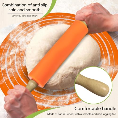Silicone Rolling Pin Backing Mat Set, 13" Dough Roller with Non Stick Pastry Sheet, Small Fondant Roller Round Kneading Mat for Bread Cookie Pie Pizza Sourdough Kitchen (Orange) - color: Orange