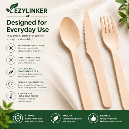 500 Wooden Utensil Set Disposable, 100% Compostable Cutlery Set [200 Forks, 200 Spoons, 100 Knives] – Alternative to Plastic & Bamboo Cutlery - Eco Friendly Utensils Set for Lounge Party Wedding BBQ - size: Wooden Cutlery(500-Mixed-Set)