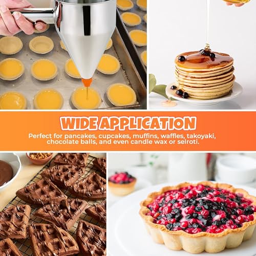 Pancake Batter Dispenser 20OZ/40 OZ | Stainless Steel Funnel Cake Dispenser with Stand | Leak-Proof Nozzle & Squeeze Handle | Precise Control, for Pancakes, Waffles, Cupcakes & Baked Goods (20OZ)