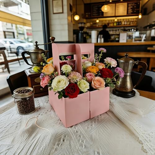 15 Pack Pink 2 Cup Drink Carrier with Handle, Disposable Cardboard Coffee Cup Holder for Hot or Cold Drinks, Coffee Carrier with Ribbon & Card for Food Delivery, Takeout and Bouquet Arrangement - size: 15