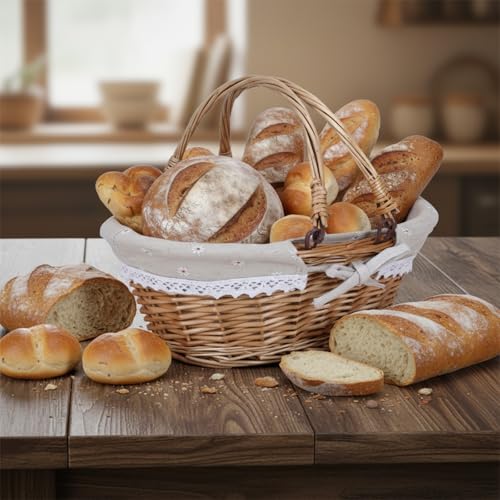 Handwoven Wicker Bread Basket with Handles,12.6in Bread Baskets for Serving Sourdough Proofing with Removable Liner,for Kitchen Counter,Picnic Basket,Easter Basket,and Fruits Vegetable Storage - size: samll