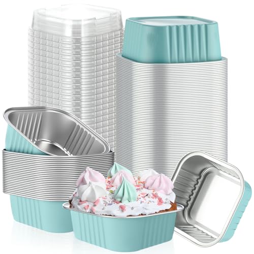 Skylety 100 Pcs 5oz Mini Square Cake Pans with Lids, Light Blue - color: Light Blue