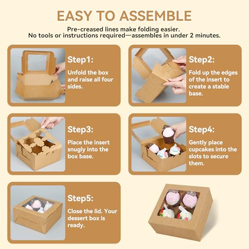 30-Set Cupcake Boxes Bulk with Clear Display Window Hold 4 Standard Cupcakes, Disposable Food Grade Brown Cupcake Carrier Cupcake Container, Perfect for Cupcakes Muffins Cookies Pastries