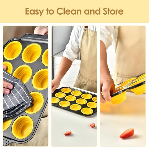 12 Cups Silicone Muffin Pans for Baking with Metal Frame, Egg Bite Molds, Cupcake Pans Regular Size, Muffin Tins Easy to Pop Nonstick Non Toxic Bakeware for Oven Dishwasher Safe - color: 12 Cups Yellow