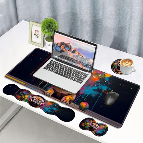 4 in 1 Ergonomic Memory Foam Mouse Pad Wrist Rest Set, Large XXL Gaming Desk Pad + Keyboard Wrist Rest + Mouse Wrist Cushion + Coaster for Home Office Study Gaming, Cute Pug with Headphones - color: Cute Pug With Headphones