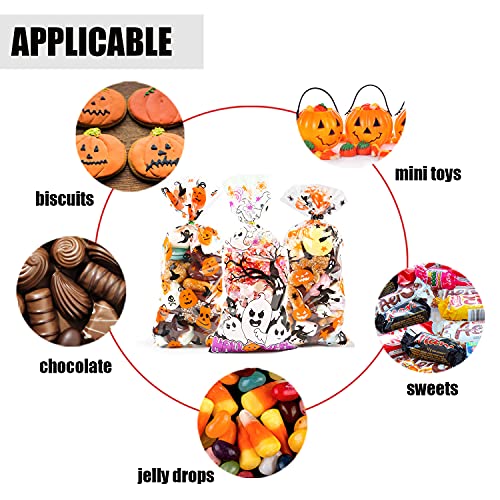 LOMIMOS 150PCS Halloween Cellophane Candy Bags, Clear Plastic Treat bags with 300PCS Twist Ties for Snacks cookies Gift Supplies - size: 4.9x10.8 Inch (Pack of 150)