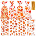 Fall Thanksgiving Cellophane Treat Bags - 50Pcs 5 x 11 Inch Autumn Pumpkin & Maple Leaf Candy Bags with 60 Gold Twist Ties, Plastic Goodie Bag for Cookies, Snacks, Gift Wrapping & Harvest Party Favors - color: Fall 50pcs