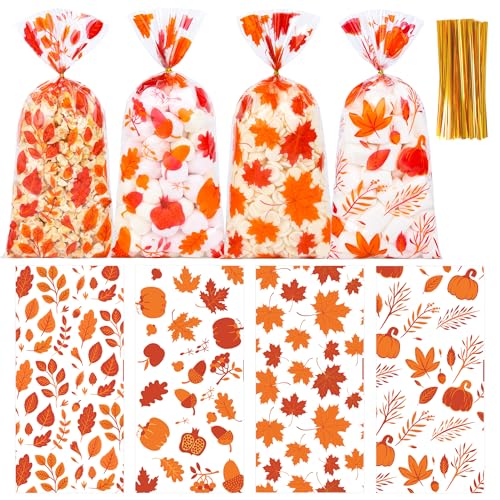 Fall Thanksgiving Cellophane Treat Bags - 50Pcs 5 x 11 Inch Autumn Pumpkin & Maple Leaf Candy Bags with 60 Gold Twist Ties, Plastic Goodie Bag for Cookies, Snacks, Gift Wrapping & Harvest Party Favors - color: Fall 50pcs