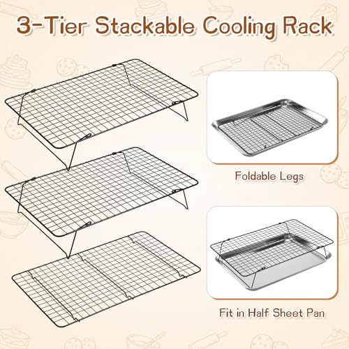 3-Tier Stackable Cooling Rack, 16.5 x 12 Inch Wire Racks, Detachable Cooling Racks with Legs, Carbon Steel Baking Rack, for Baking Cooking Grilling, Oven Safe