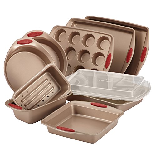 Rachael Ray Cucina Nonstick Bakeware Baking Pans Set, Baking Set 10-Piece - color: Latte Brown with Cranberry Red Grips, size: 10 Piece