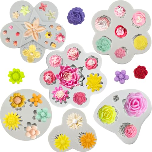 6Pcs Flower Molds Silicone Chocolate Mold Daisy Flower Fondant Cake Mold Rose Candy Moluld Polymer Clay Resin Mold Soap Ice Cube Jello Molds for Baking Cake Cupcake Decorating Wax Making - color: Peony Mold