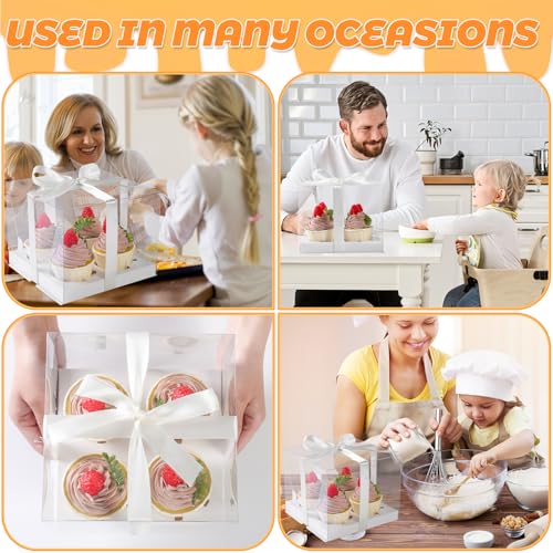 JCD 4Pack Clear Cupcake Boxes, 4 Count Cupcake Containers with Gift Ribbon,5.3inches height Plastic Cupcake Carrier Holder for Treat Dessert Cookies Muffins Pastry Baby Shower Party(4count/4pcs) - size: 4count/4pcs