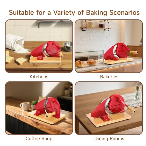 (Upgrade) Manual Bread Slicer for Homemade Bread, Sourdough Bread Slicer With Hand Crank, Scale Line and Suction Cup, Serrated Blade, Adjustable Thickness, Evenly Slicing - color: Bright Red