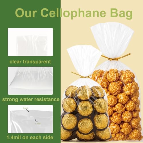 LALIPA 100PCS Clear Cellophane Gift Bags 10x14Inch Thick Cellophane Treat Bags with Twist Ties for Gift Wrapping Party supplies packaging Snack packaging - color: 10x14 Inch (Pack of 100)