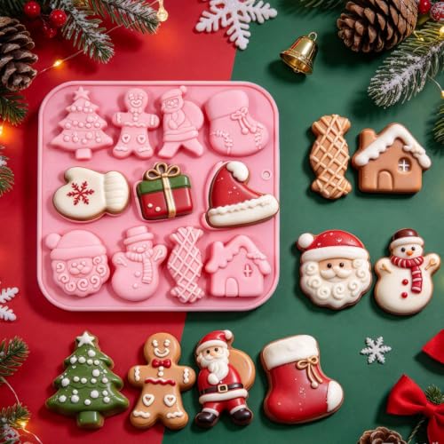 3 Pack Christmas Silicone Baking Mold, Christmas Tree Holiday Silicone Molds Soap Candy Molds for Chocolate Jello Snowman Gingerbread Snowflakes Socks Bells Santa Baking Mold (Xmas-Pink) - color: Xmas-Pink