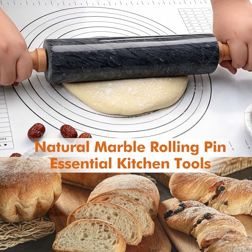 18.5 inches Marble Rolling Pin,Large Non-Stick Dough Roller,for making pizza, cookies,pie crusts, and pasta.with Silicone Pastry Mat,Stainless Steel Scraper,and Small Wooden Roller Pin(Black) - color: Black-2