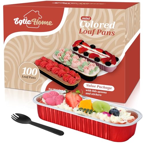 Mini Loaf Pans with Lids and Spoons (100 Pack, Red, 6.8oz) Rectangular Aluminum Foil Baking Pans - color: Red