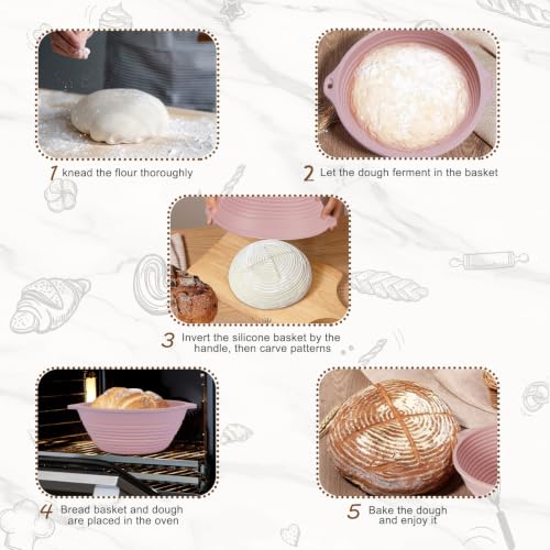 4Pcs 9" Silicone Banneton Bread Proofing Baskets with Dual Handles - color: Pink,Beige,Blue,Green - 9'' Round