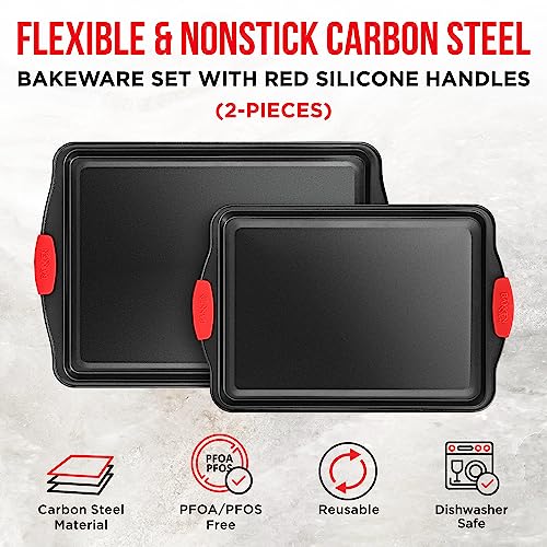 2 Piece Set Nonstick Carbon Steel Oven Bakeware -Professional Quality Kitchen Cooking Baking Trays -PFOA, PFOS, PTFE-Free Small & MediumBaking Sheet Pans with Red Silicone Handles - color: Black, size: Small & Medium