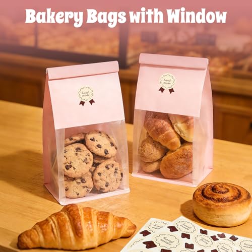 100 Pack Pink Bakery Bags with Window, 5.1x3.9x11 Inches Paper Bread Bags - size: Medium