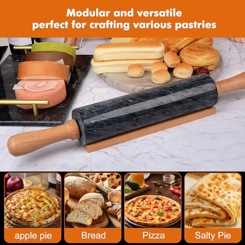 18.5 inches Marble Rolling Pin,Large Non-Stick Dough Roller,for making pizza, cookies,pie crusts, and pasta.with Silicone Pastry Mat,Stainless Steel Scraper,and Small Wooden Roller Pin(Black) - color: Black-2