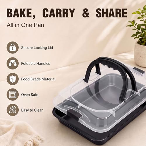 Qinyoung 1 Pcs Black Cake Pan with Lid and Handle, 9 X 13 Inch - color: Black