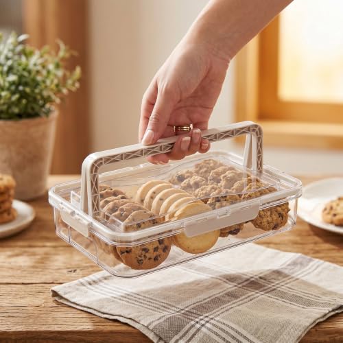 Cookie Storage Box with Airtight Lid and Handle, Clear Portable Plastic Food Container, Low Profile Snack Organizer Case for Desserts, Cupcakes, Dumplings, Fruit, Bread, Bagel, Donut
