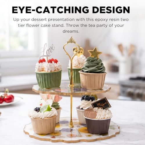 GUTE Floral Cupcake & Cake Dessert Stand, Resin Flower Tower - 2 Tier Stand Tray - Large Pretty Botanical Floral Stands for Desserts Table, Gold Handle, Fruits Candy Buffet Serving Trays